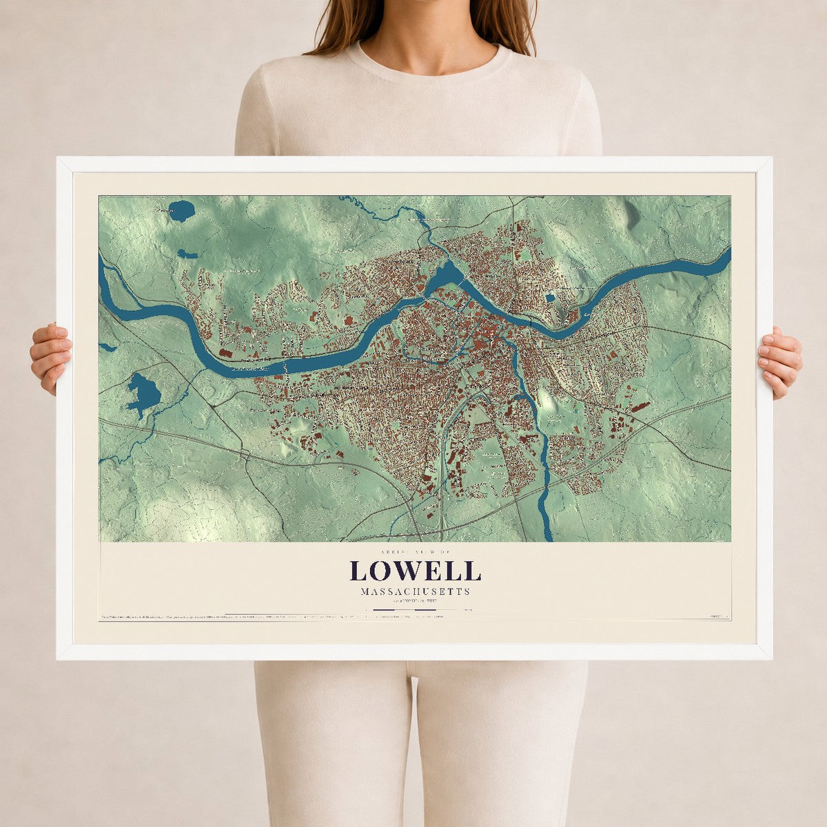 Lowell, Massachusetts map print - 24 x 36 white Ayous wood frame