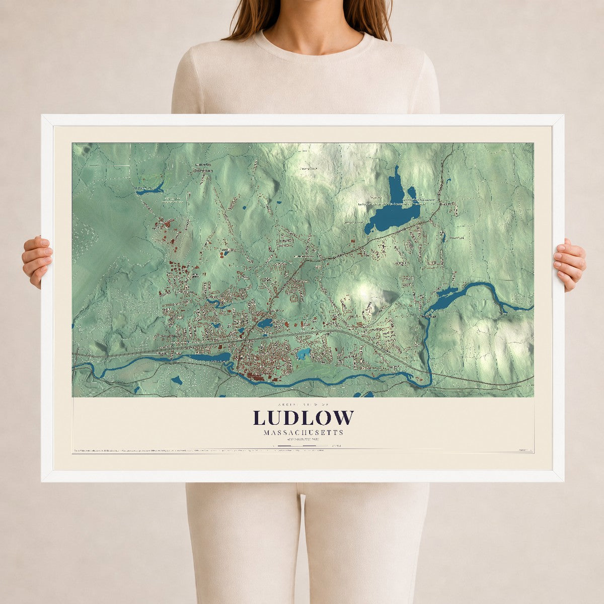 Ludlow, Massachusetts map print - 24 x 36 white Ayous wood frame
