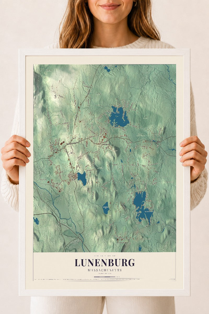 Lunenburg, Massachusetts map print - 18 x 24 white Ayous wood frame