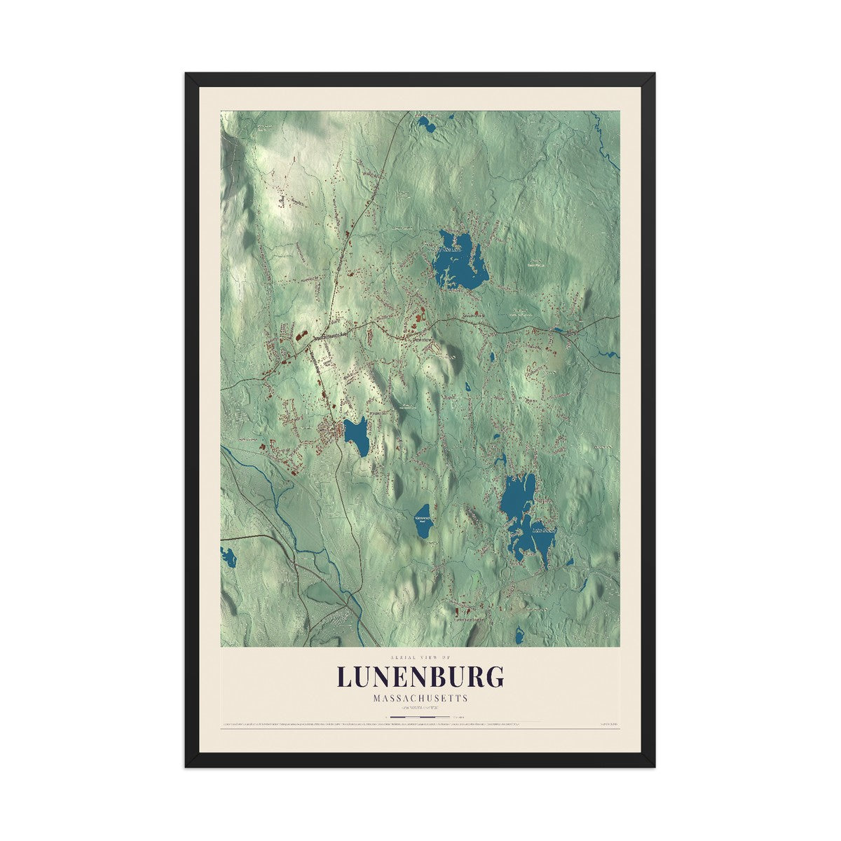 Map of Lunenburg, Massachusetts, 12 x 18 inch print in a black wood frame