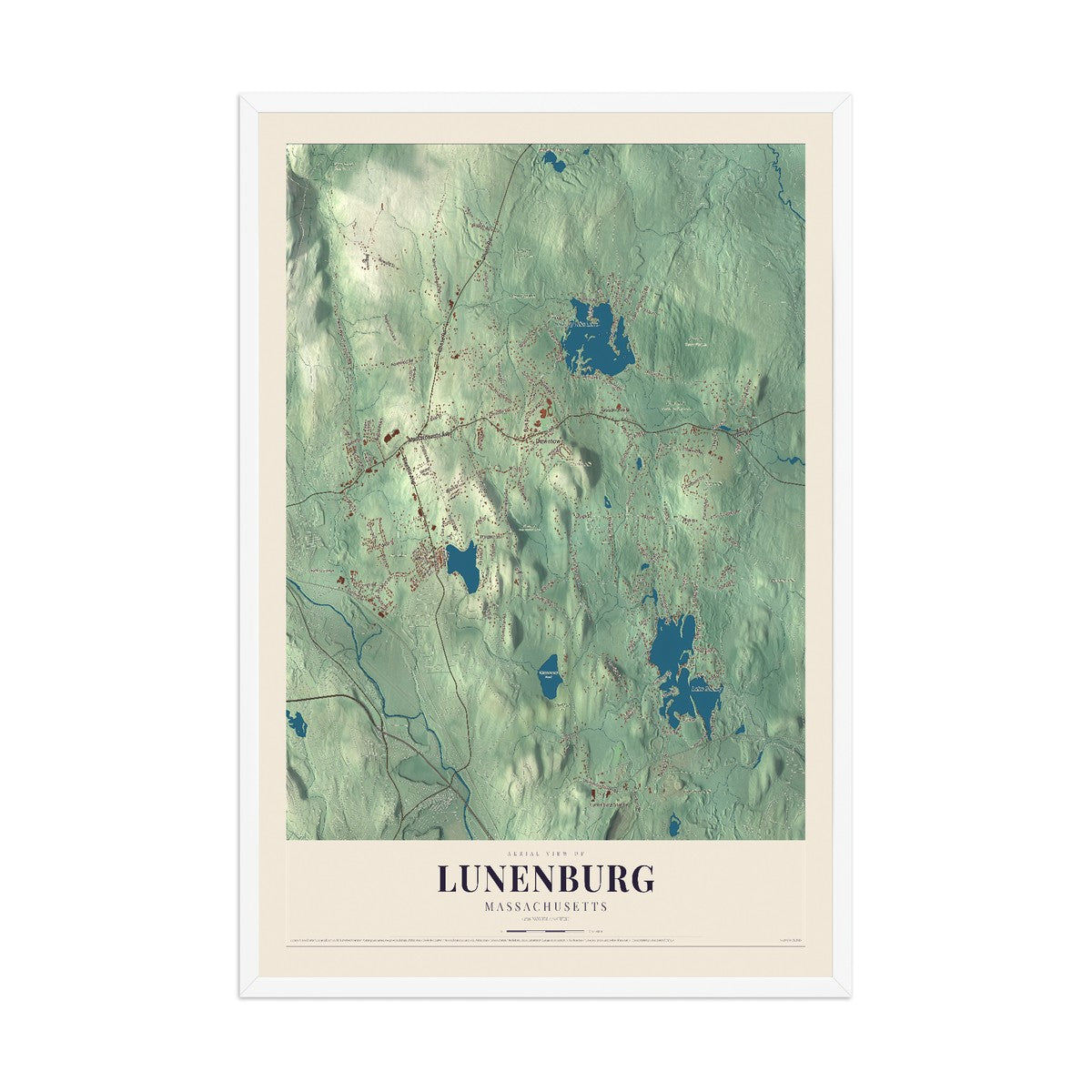 Map of Lunenburg, Massachusetts, 12 x 18 inch print in a white wood frame