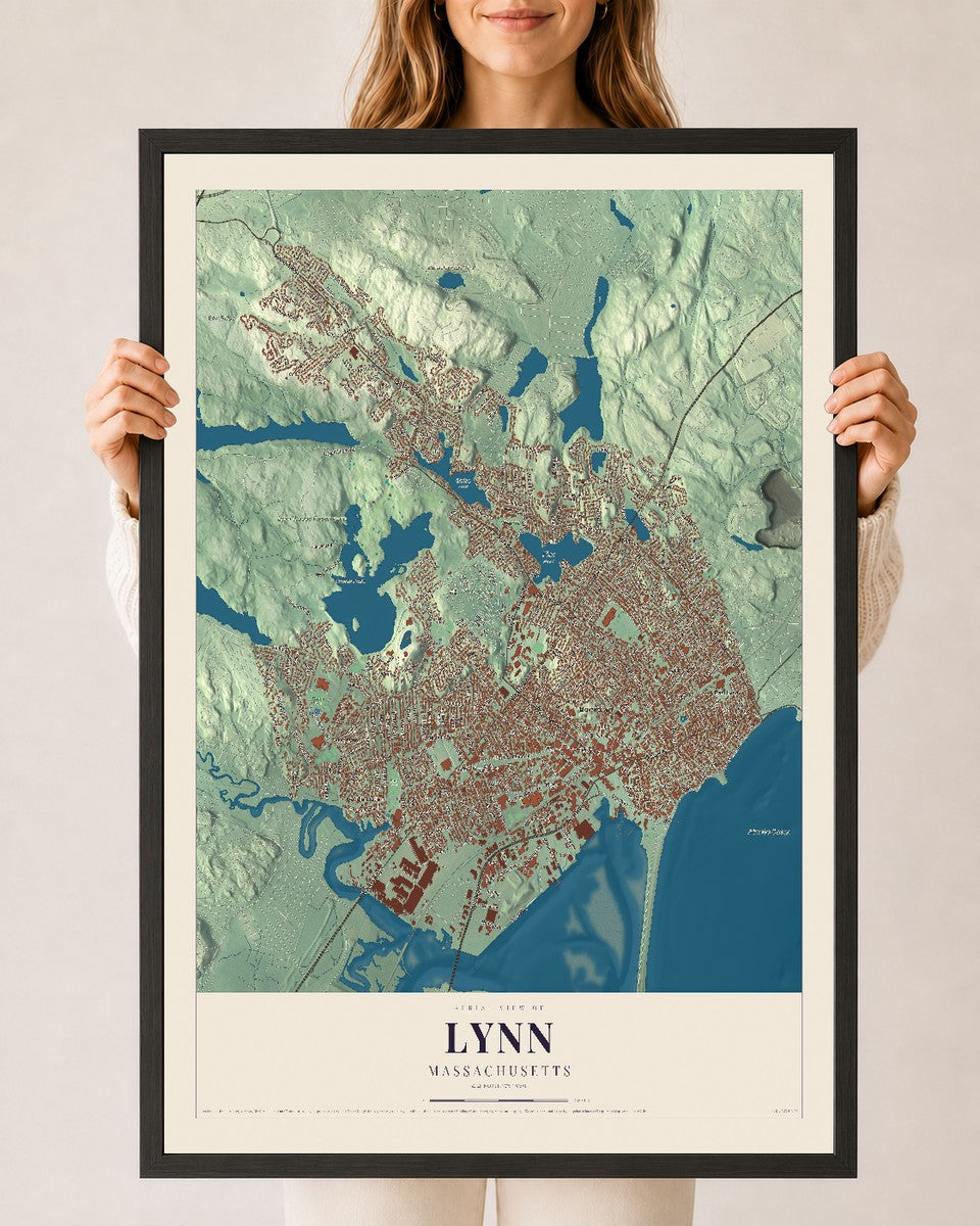 Lynn, Massachusetts map print - 24 x 36 black Ayous wood frame