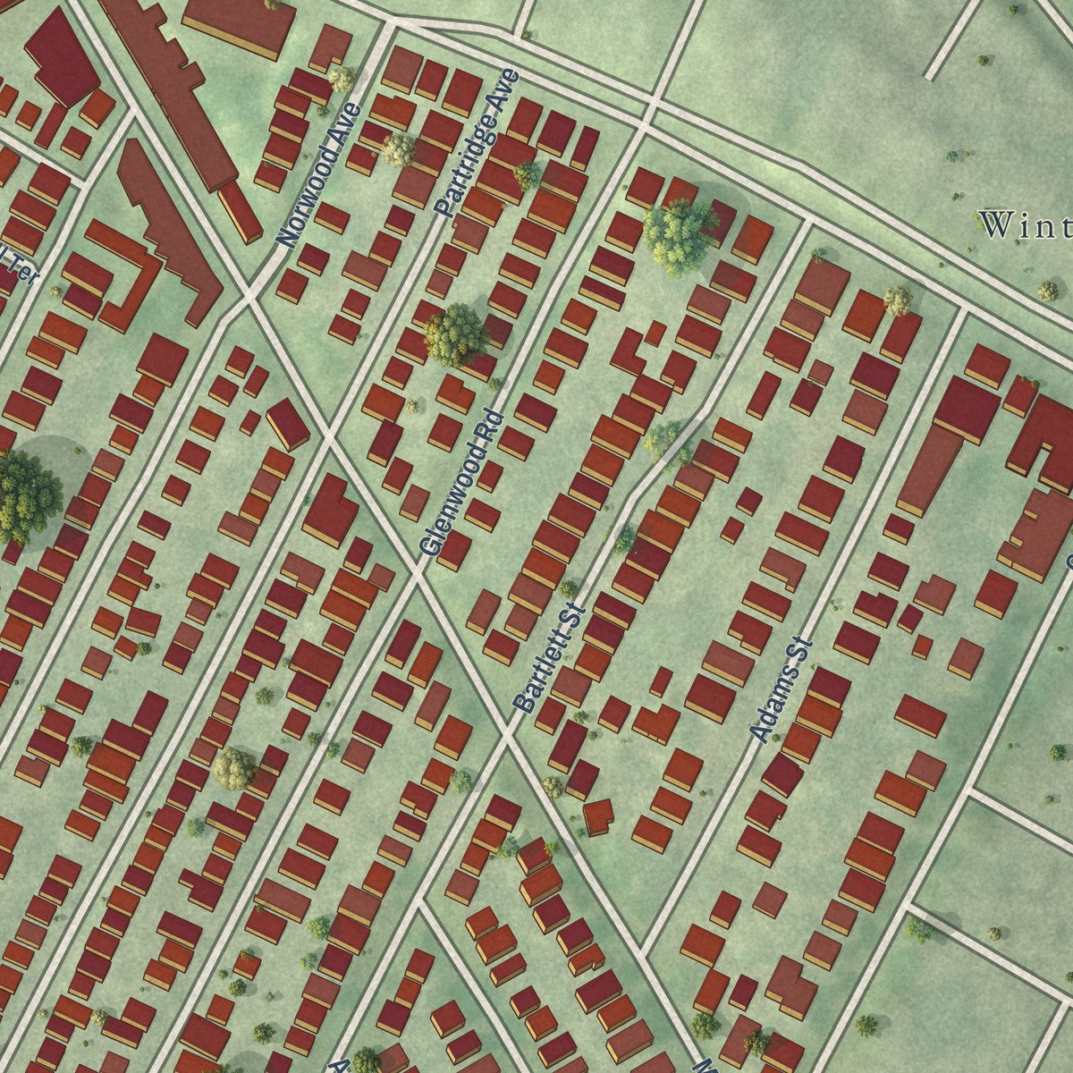 Close-up of the map of Magoun Square, Massachusetts print showing street and building detail