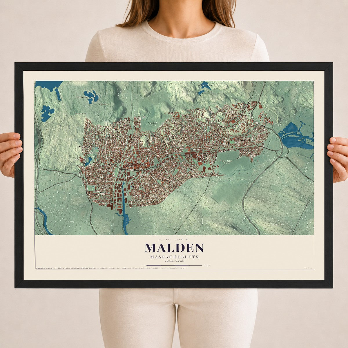 Malden, Massachusetts map print - 18 x 24 black Ayous wood frame