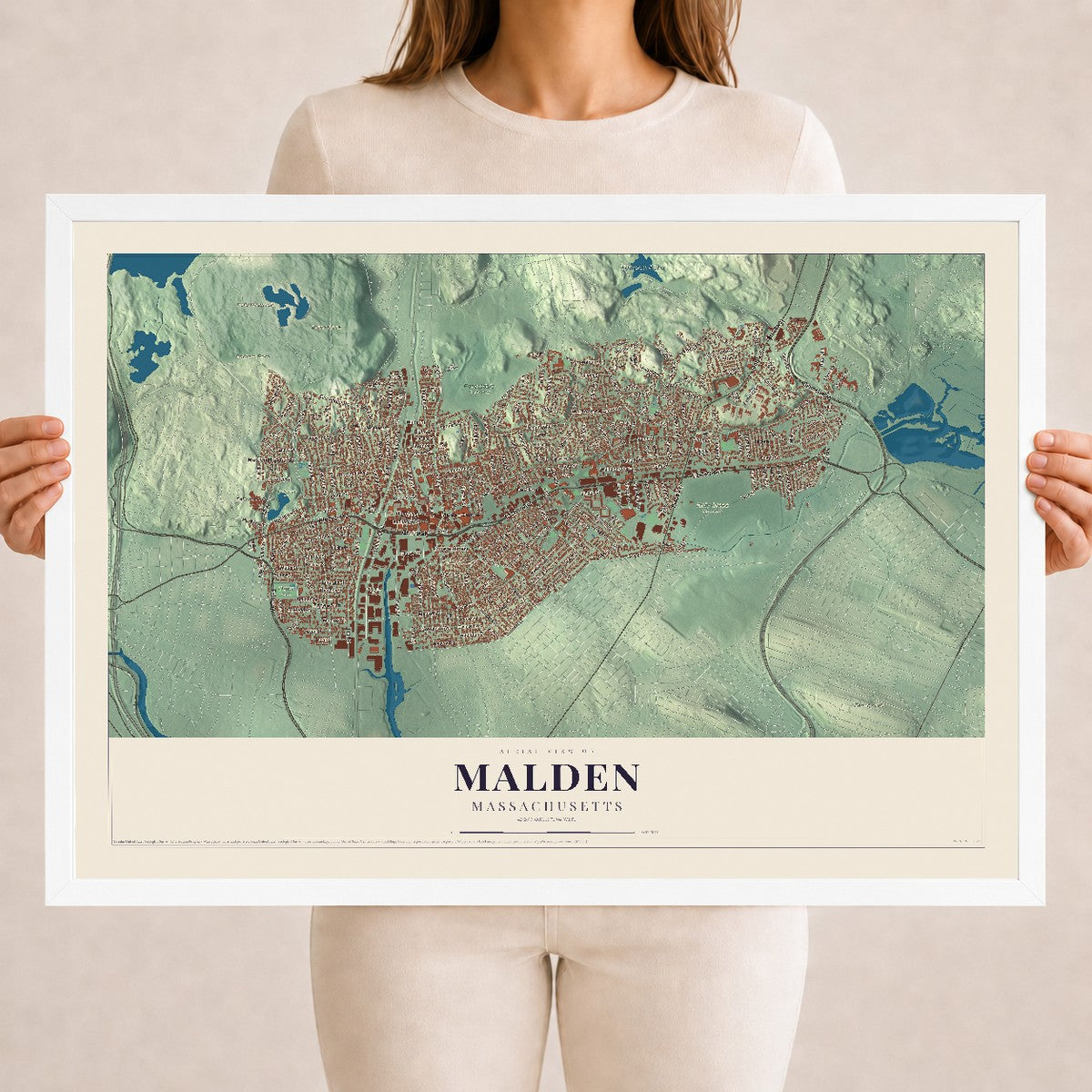 Malden, Massachusetts map print - 18 x 24 white Ayous wood frame