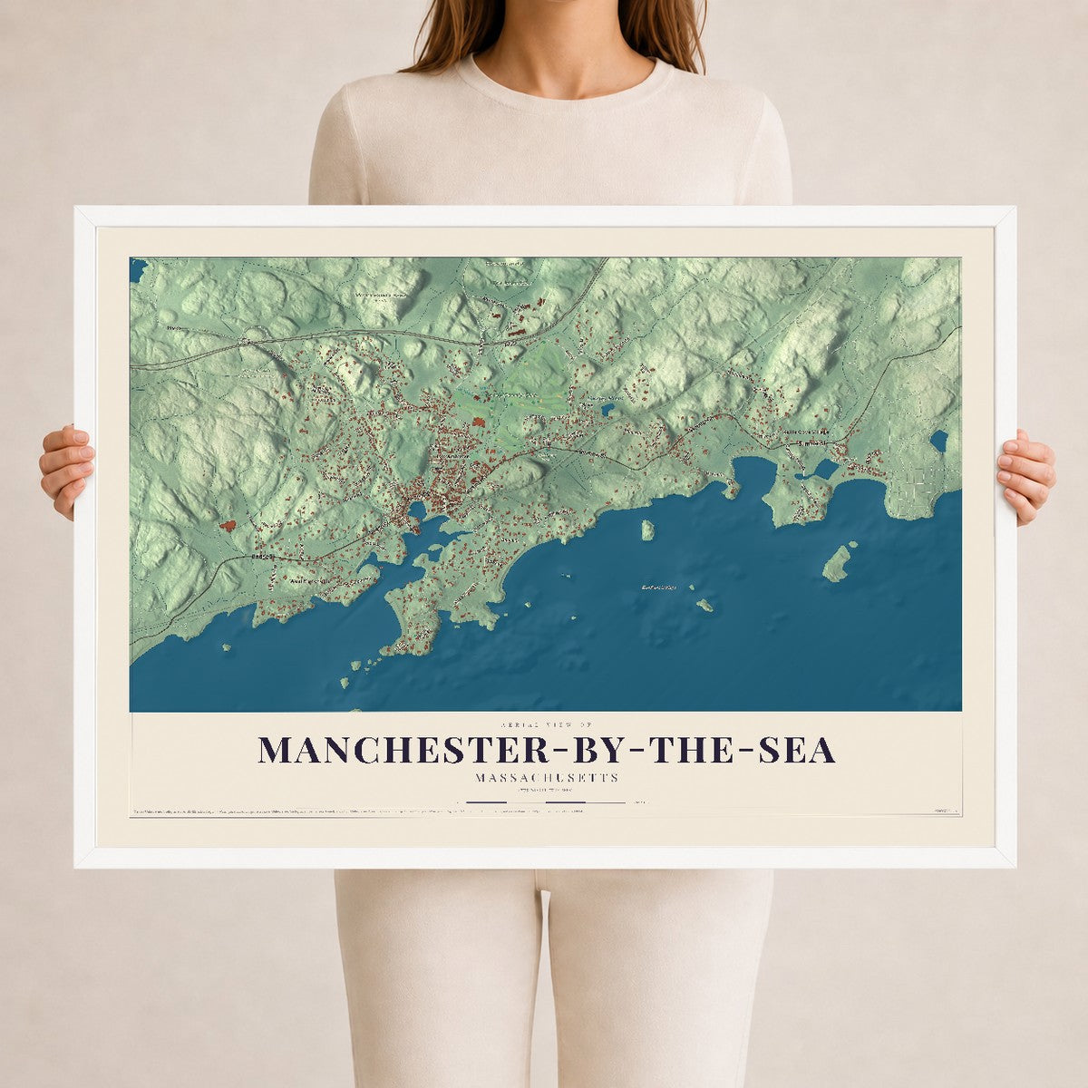 Manchester-by-the-Sea, Massachusetts map print - 24 x 36 white Ayous wood frame
