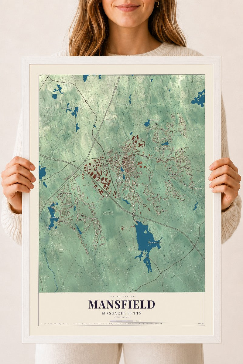 Mansfield, Massachusetts map print - 18 x 24 white Ayous wood frame