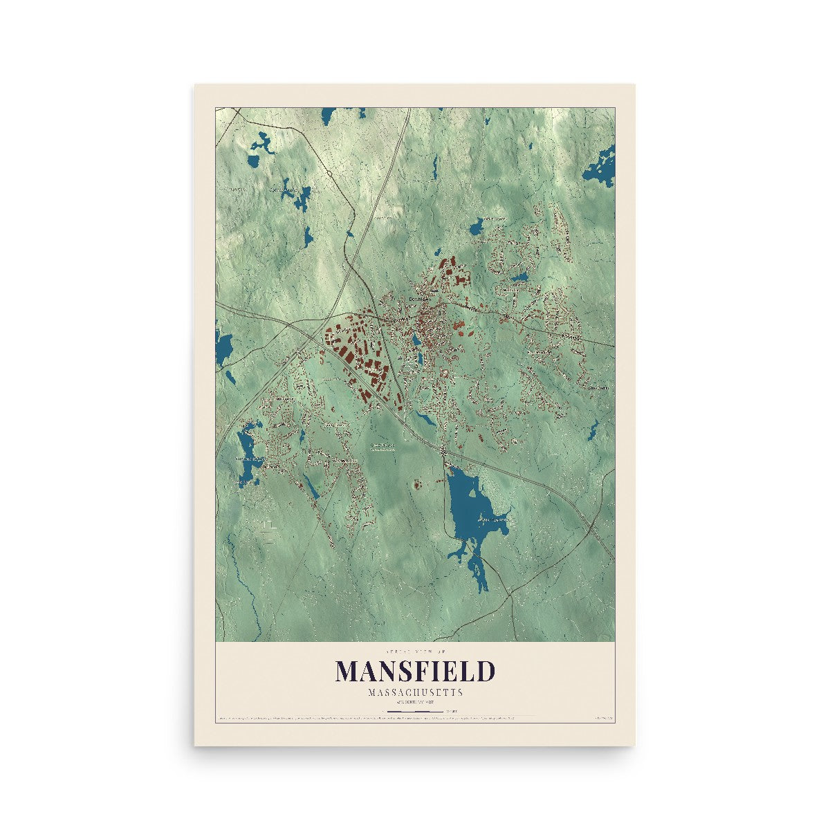 Map of Mansfield, Massachusetts, 12 x 18 inch unframed archival matte print