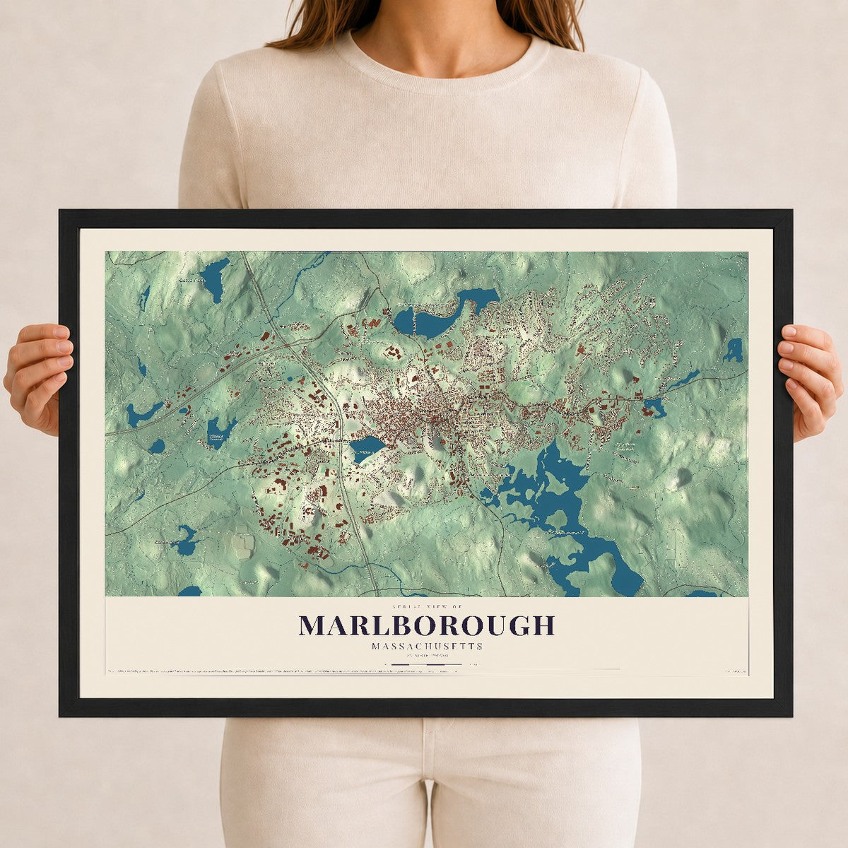 Marlborough, Massachusetts map print - 12 x 18 black Ayous wood frame