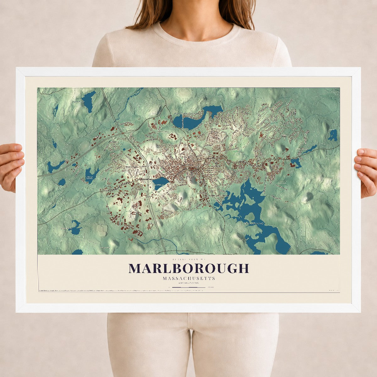 Marlborough, Massachusetts map print - 18 x 24 white Ayous wood frame