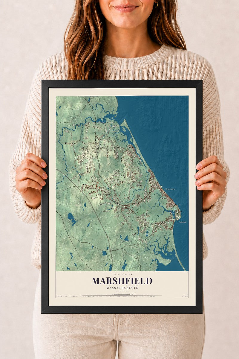 Marshfield, Massachusetts map print - 12 x 18 black Ayous wood frame