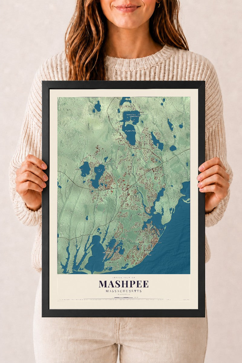Mashpee, Massachusetts map print - 12 x 18 black Ayous wood frame