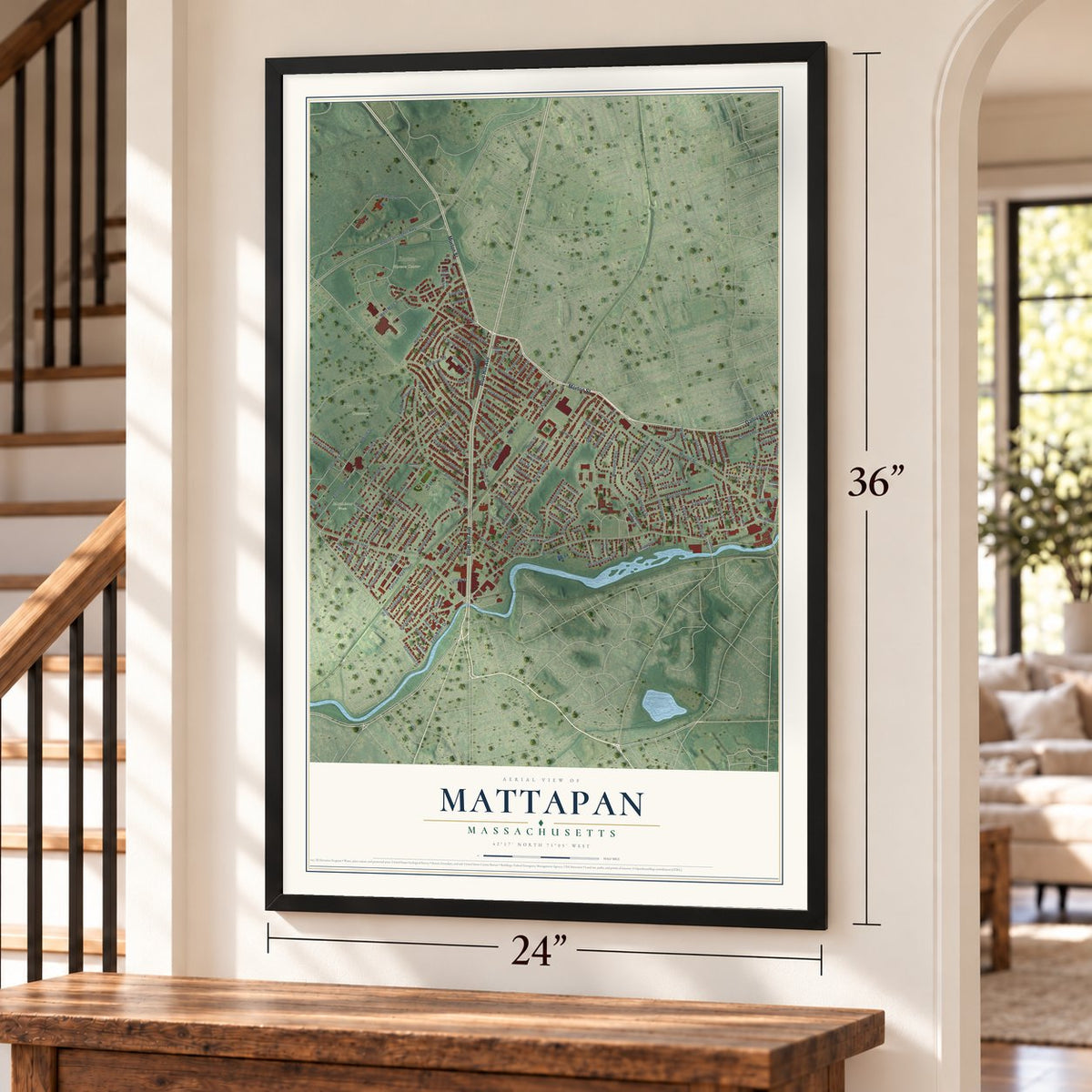 Mattapan, Massachusetts map, 24 x 36 inch print in a black frame by a staircase