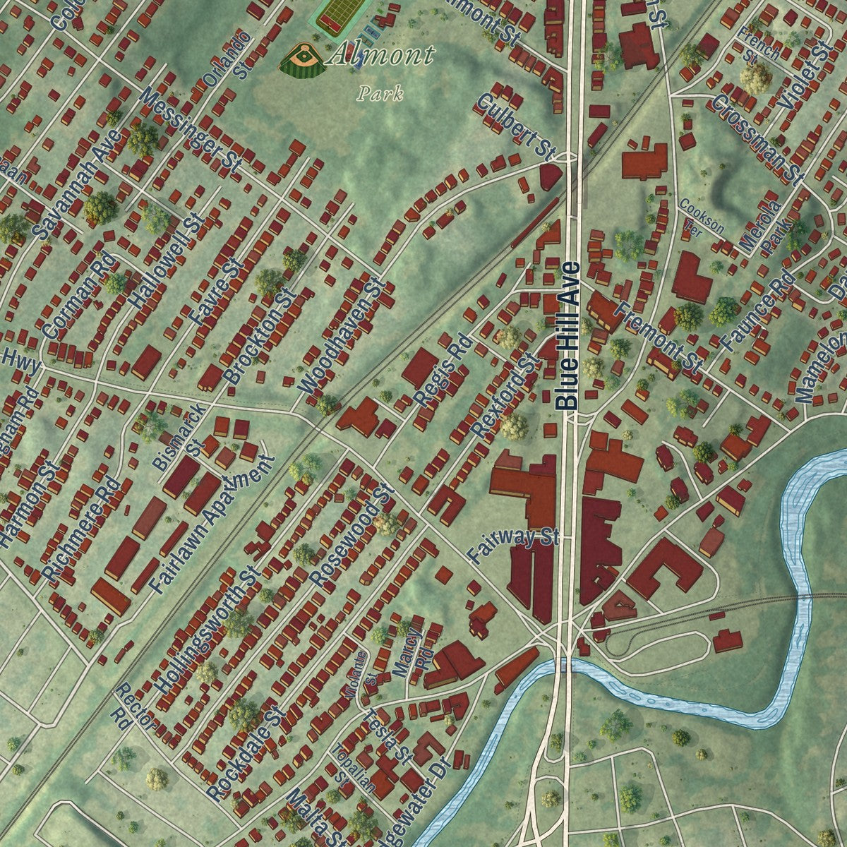 Close-up of the map of Mattapan, Massachusetts print showing street and building detail
