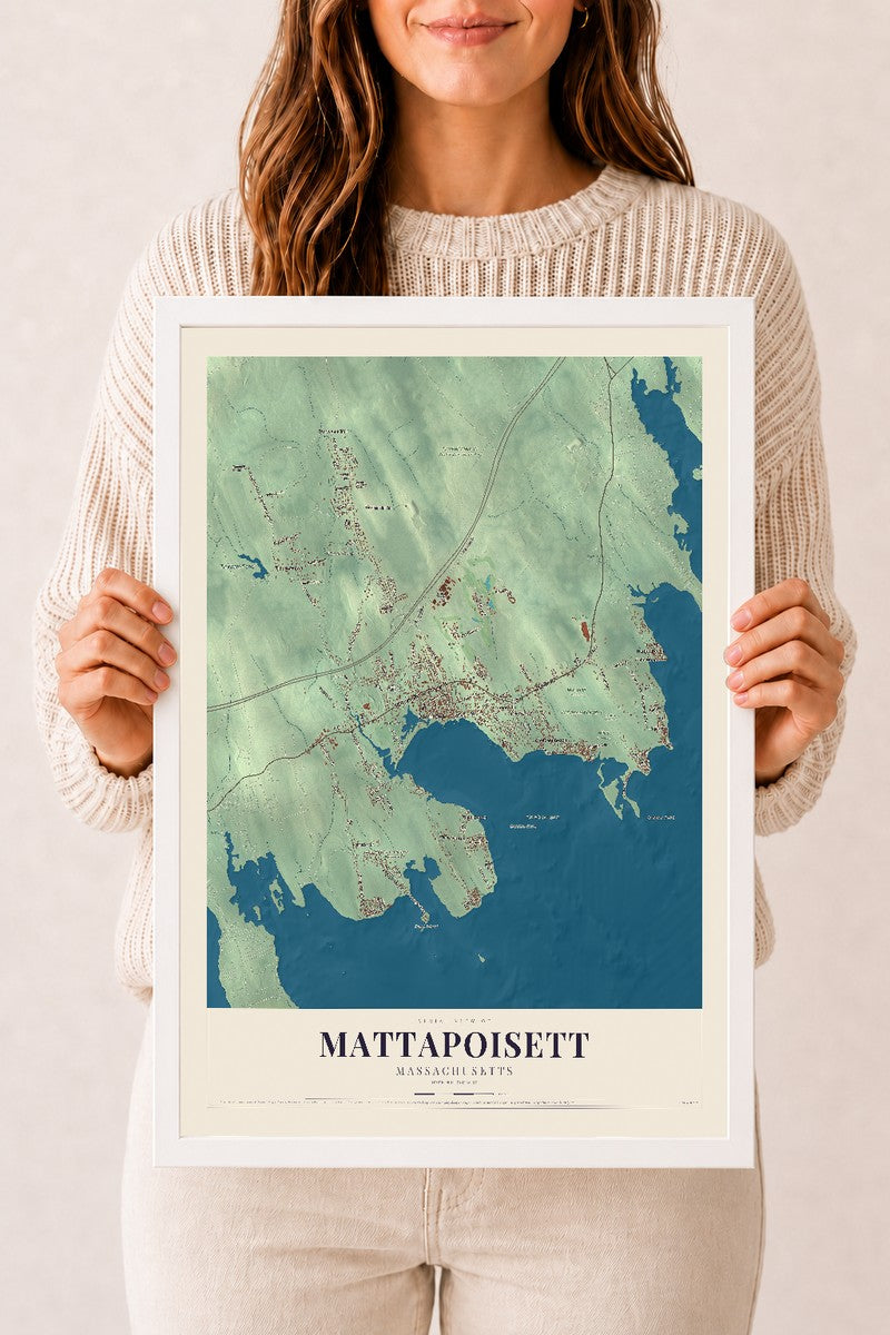 Mattapoisett, Massachusetts map print - 12 x 18 white Ayous wood frame