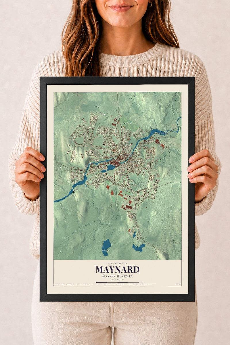 Maynard, Massachusetts map print - 12 x 18 black Ayous wood frame