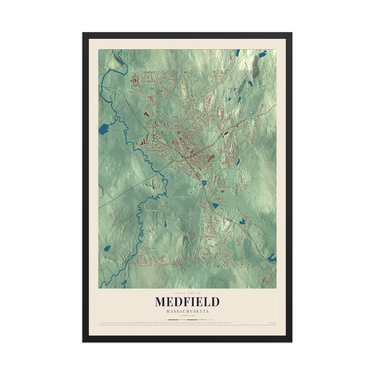 Map of Medfield, Massachusetts, 12 x 18 inch print in a black wood frame