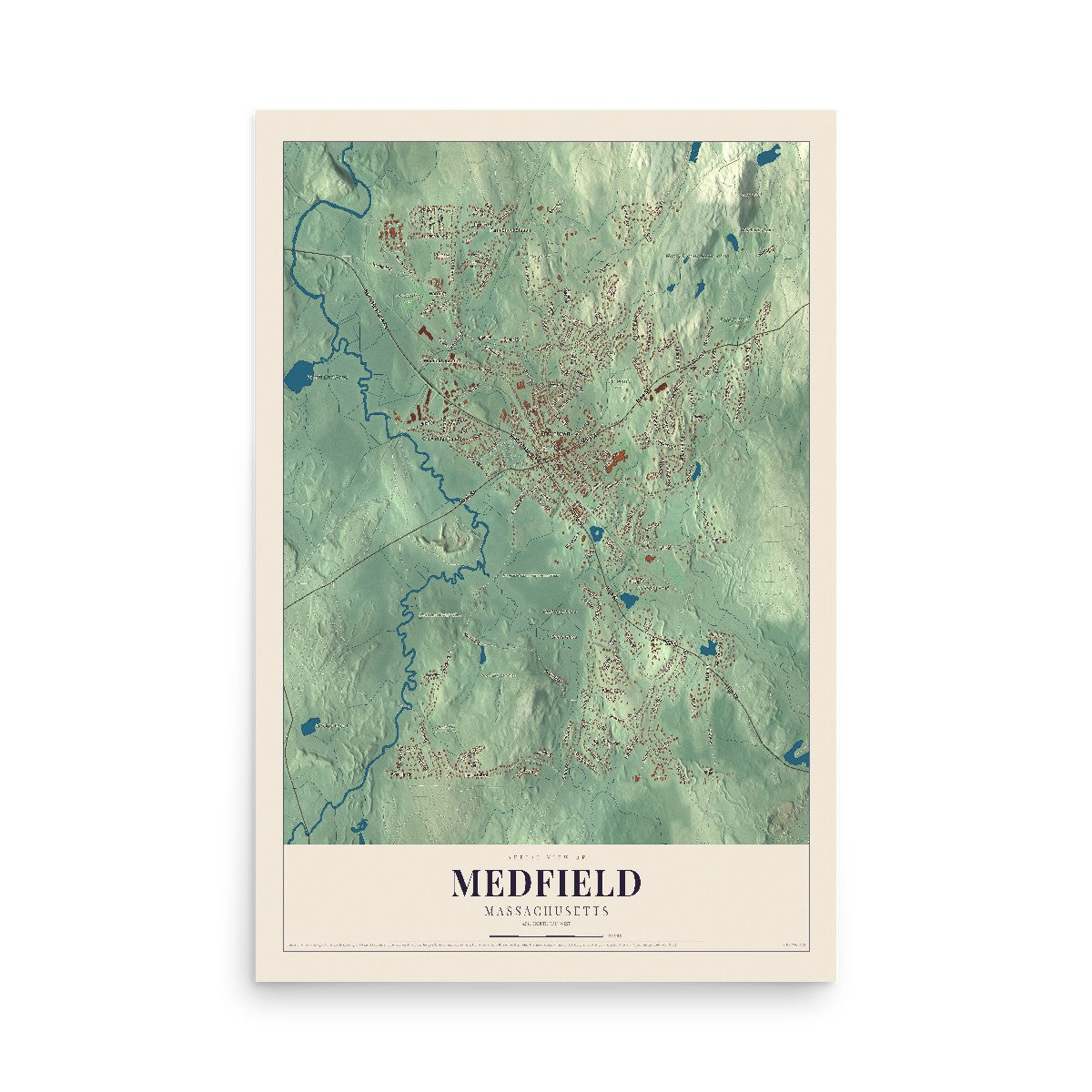 Map of Medfield, Massachusetts, 12 x 18 inch unframed archival matte print