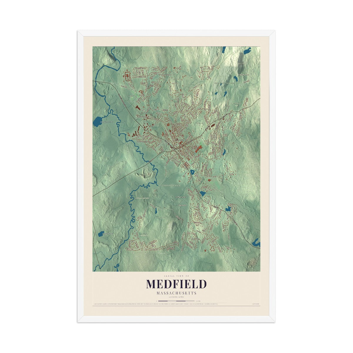 Map of Medfield, Massachusetts, 12 x 18 inch print in a white wood frame
