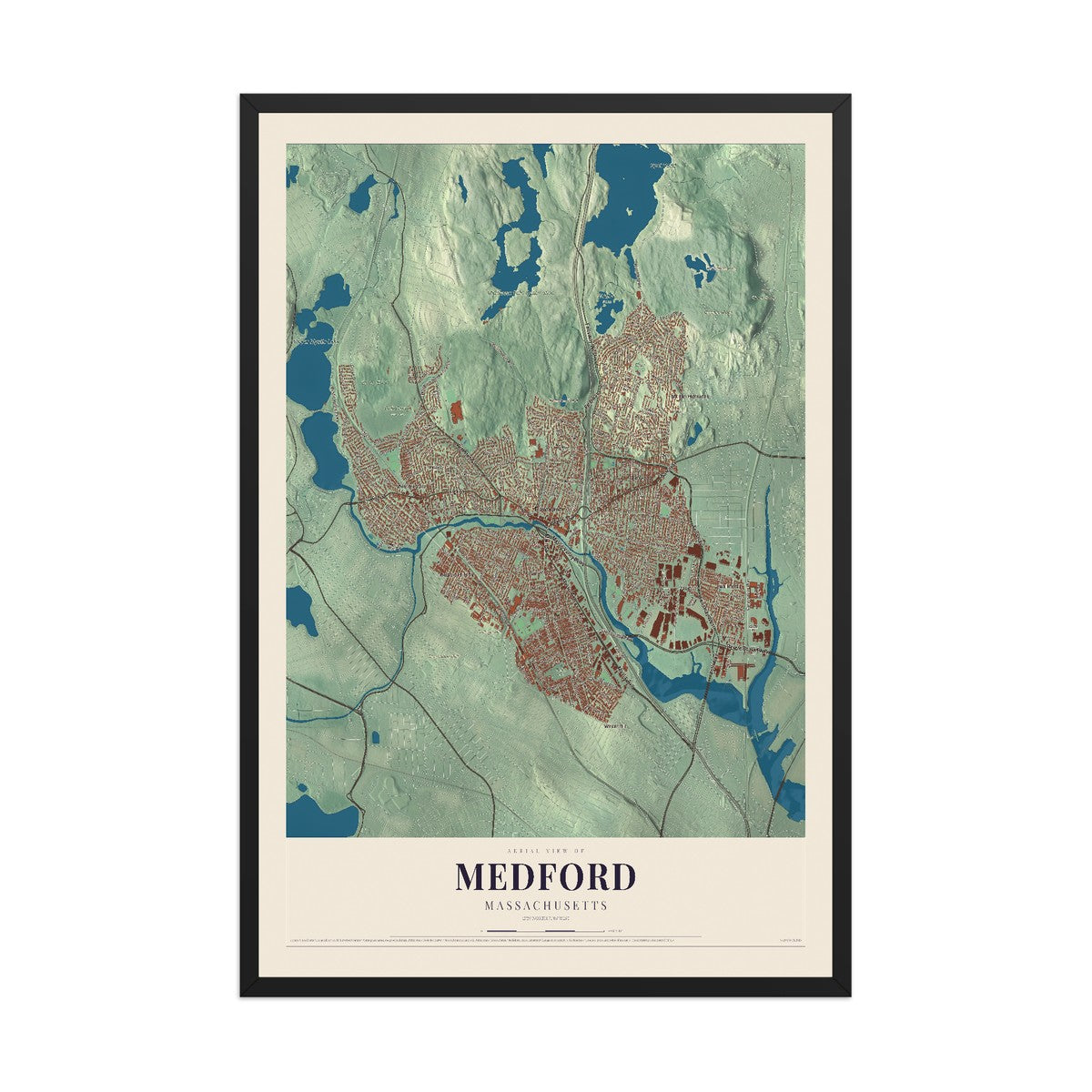 Map of Medford, Massachusetts, 12 x 18 inch print in a black wood frame