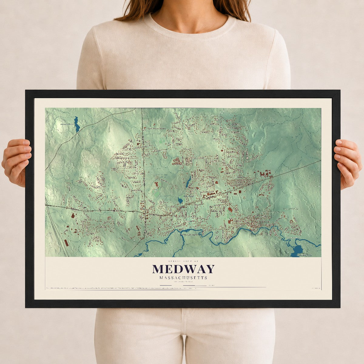 Medway, Massachusetts map print - 12 x 18 black Ayous wood frame
