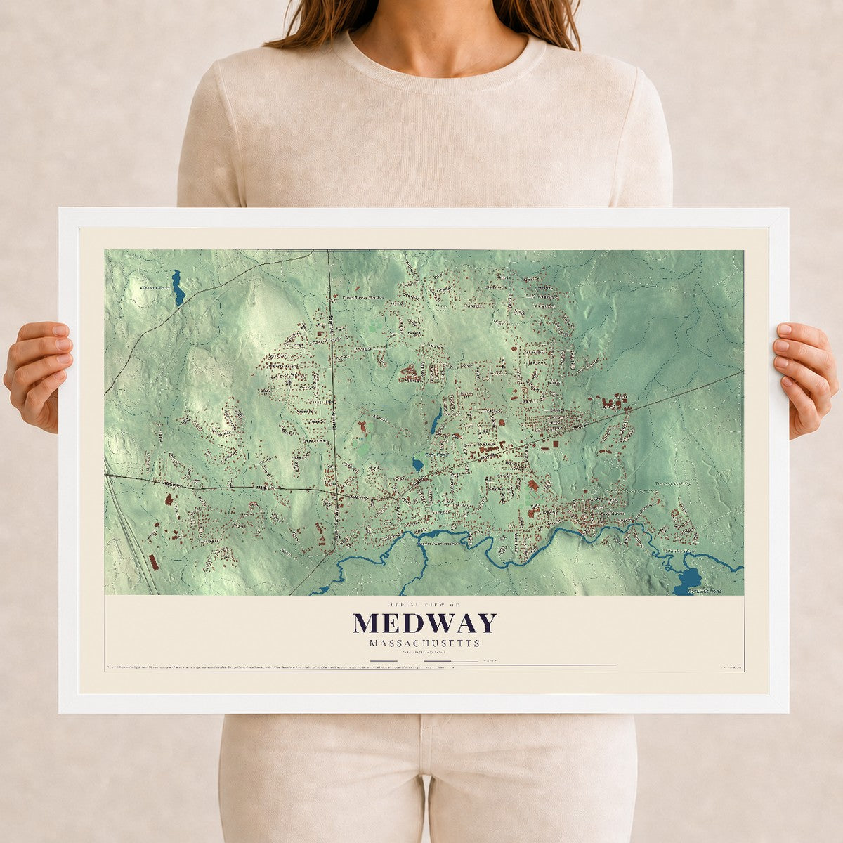 Medway, Massachusetts map print - 12 x 18 white Ayous wood frame