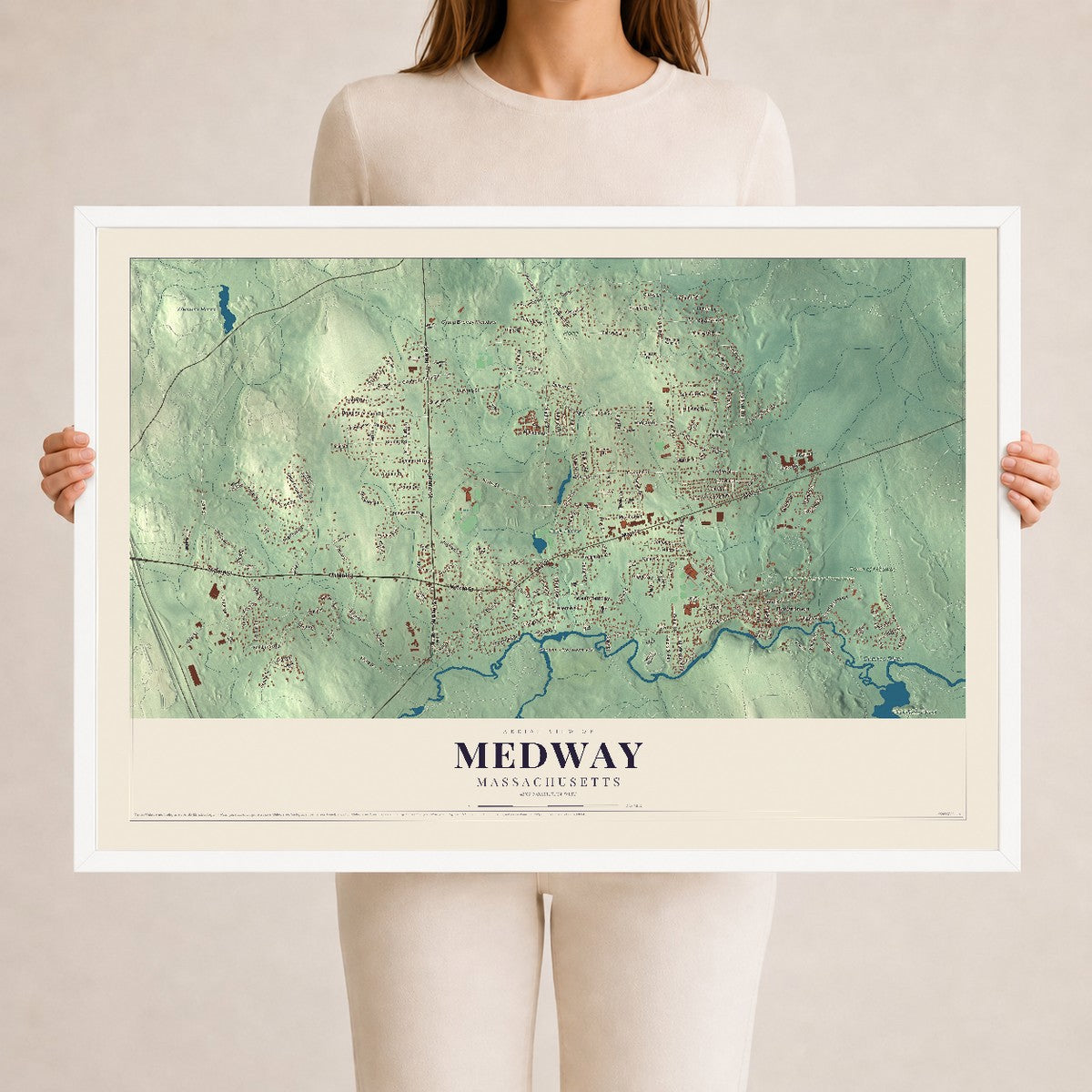 Medway, Massachusetts map print - 24 x 36 white Ayous wood frame
