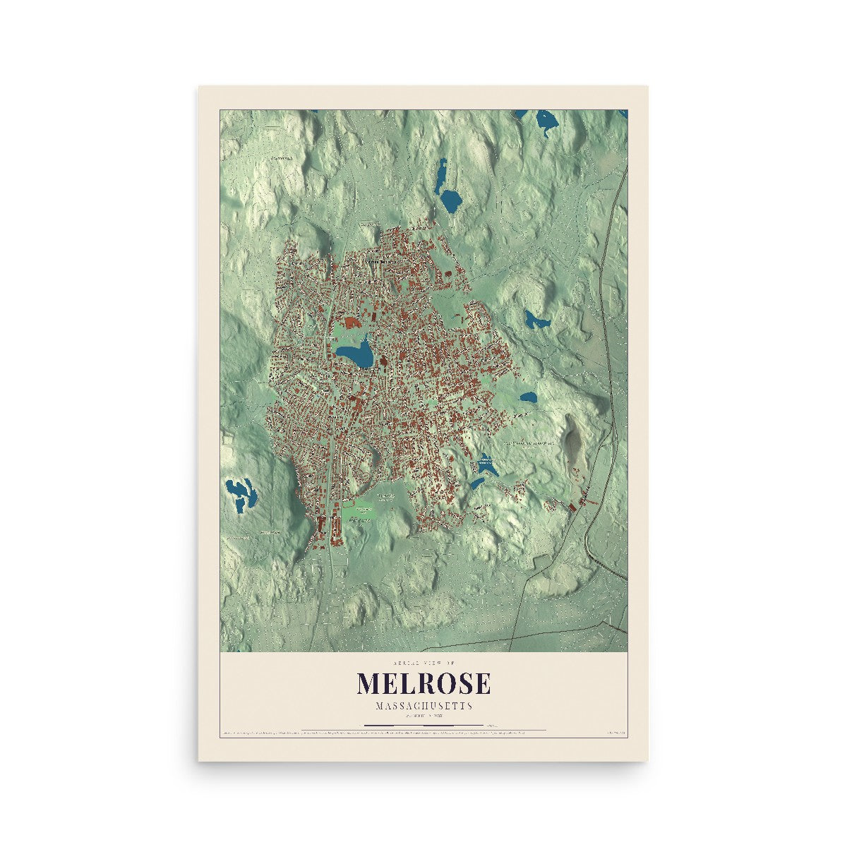 Map of Melrose, Massachusetts, 12 x 18 inch unframed archival matte print