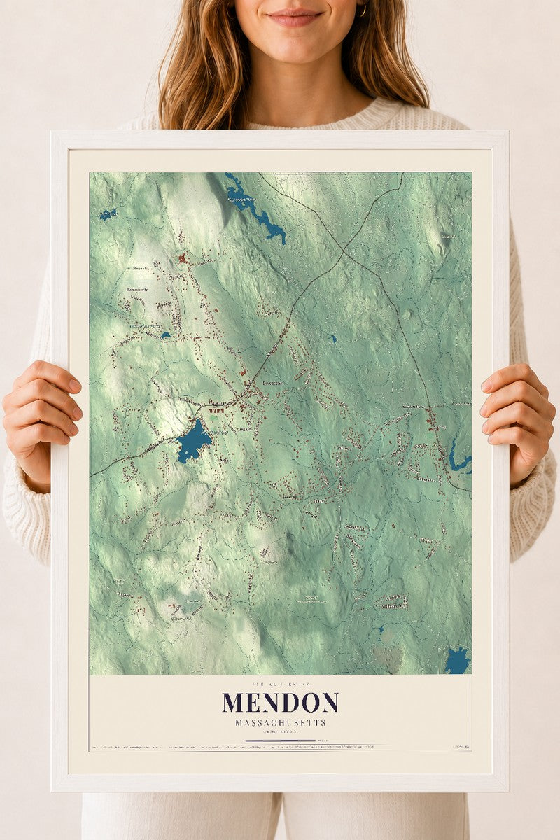 Mendon, Massachusetts map print - 18 x 24 white Ayous wood frame