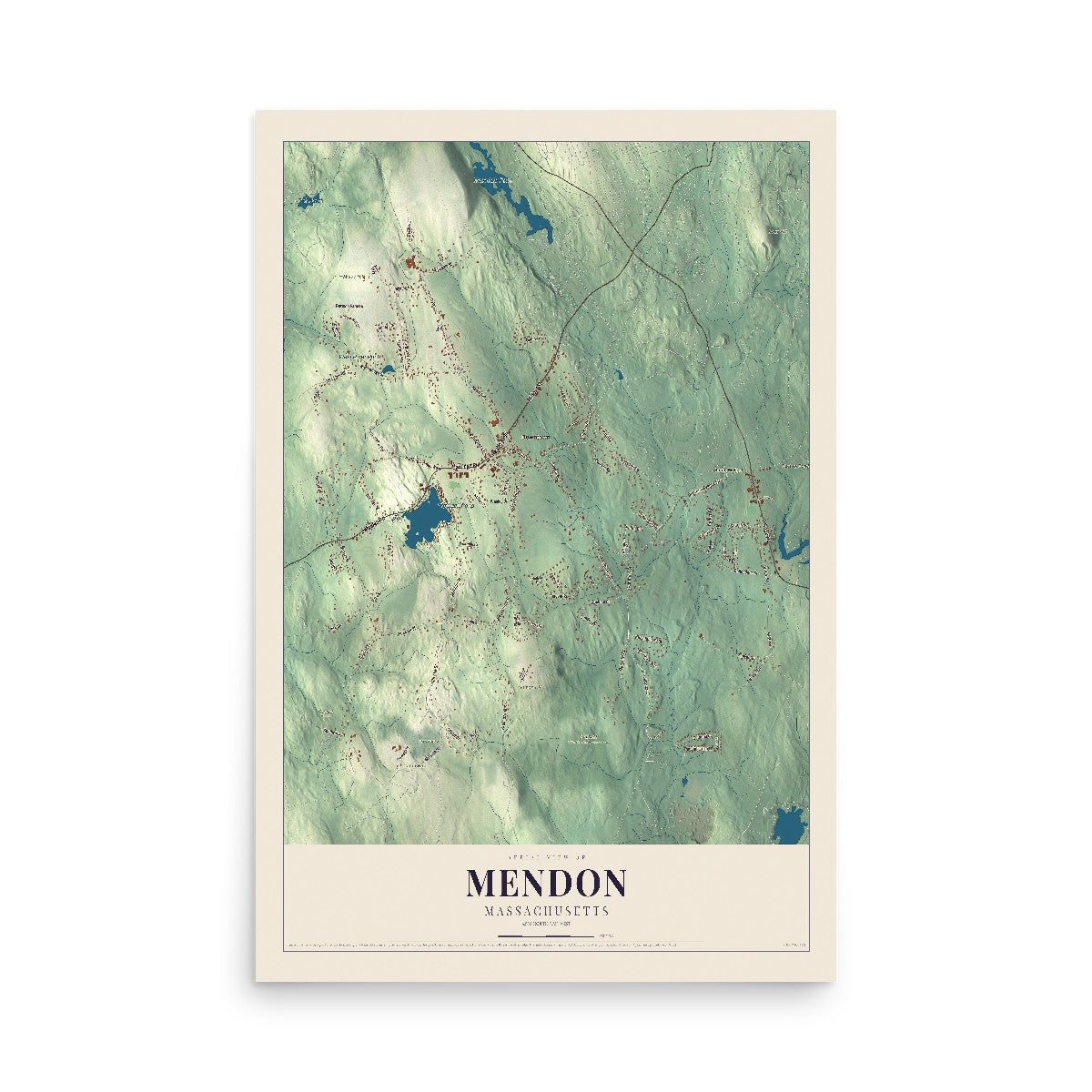 Map of Mendon, Massachusetts, 12 x 18 inch unframed archival matte print