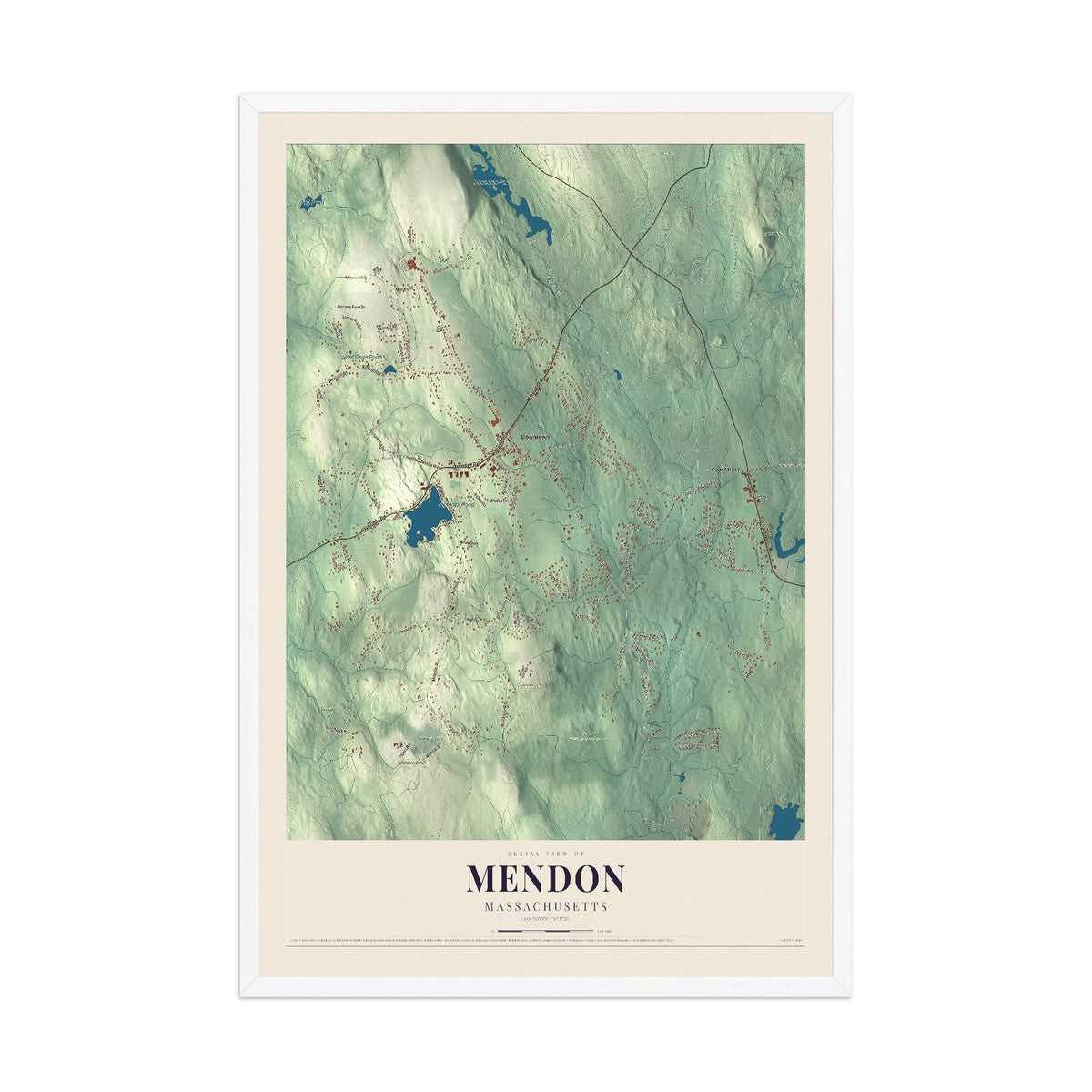 Map of Mendon, Massachusetts, 12 x 18 inch print in a white wood frame