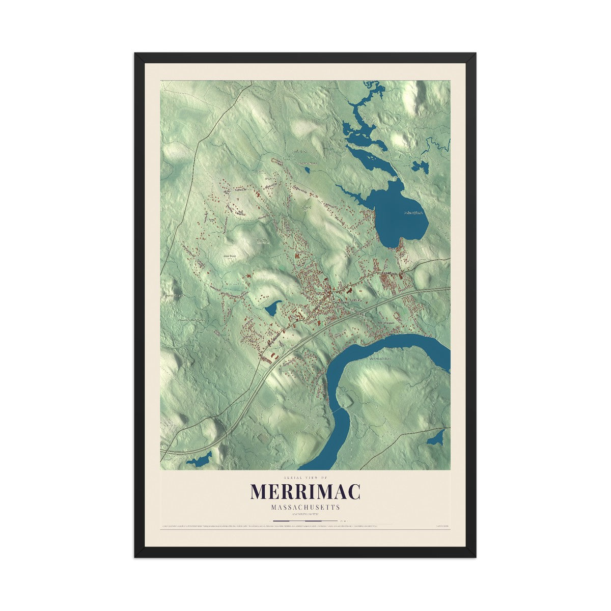 Map of Merrimac, Massachusetts, 12 x 18 inch print in a black wood frame