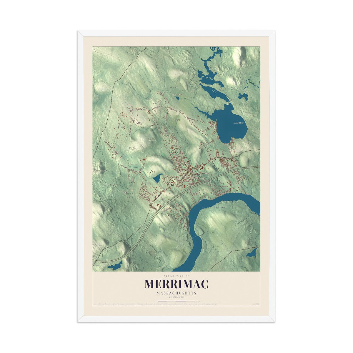 Map of Merrimac, Massachusetts, 12 x 18 inch print in a white wood frame