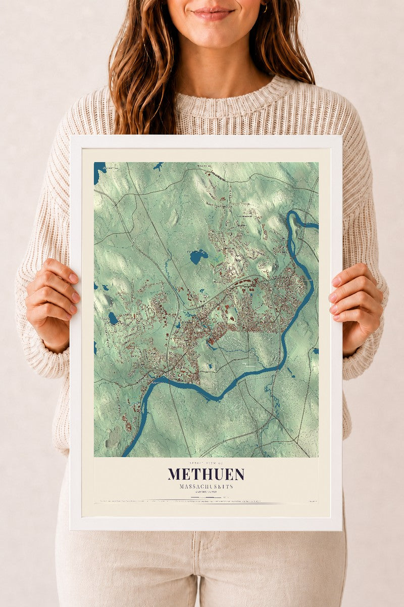 Methuen, Massachusetts map print - 12 x 18 white Ayous wood frame