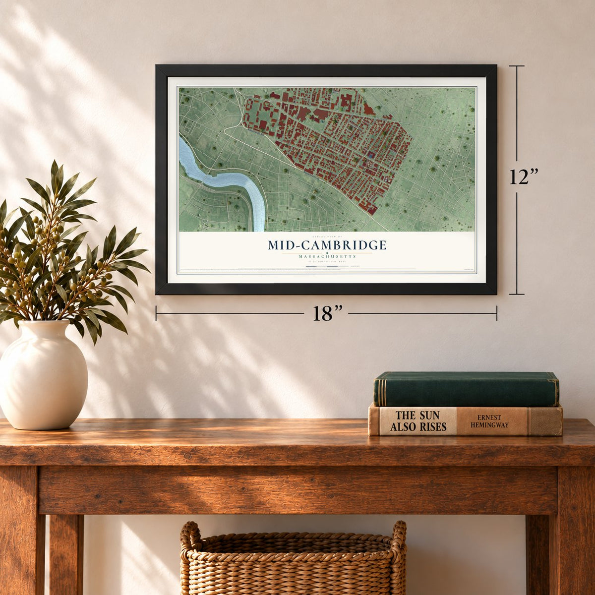 Mid-Cambridge, Massachusetts map, 12 x 18 inch print in a black frame in an entryway