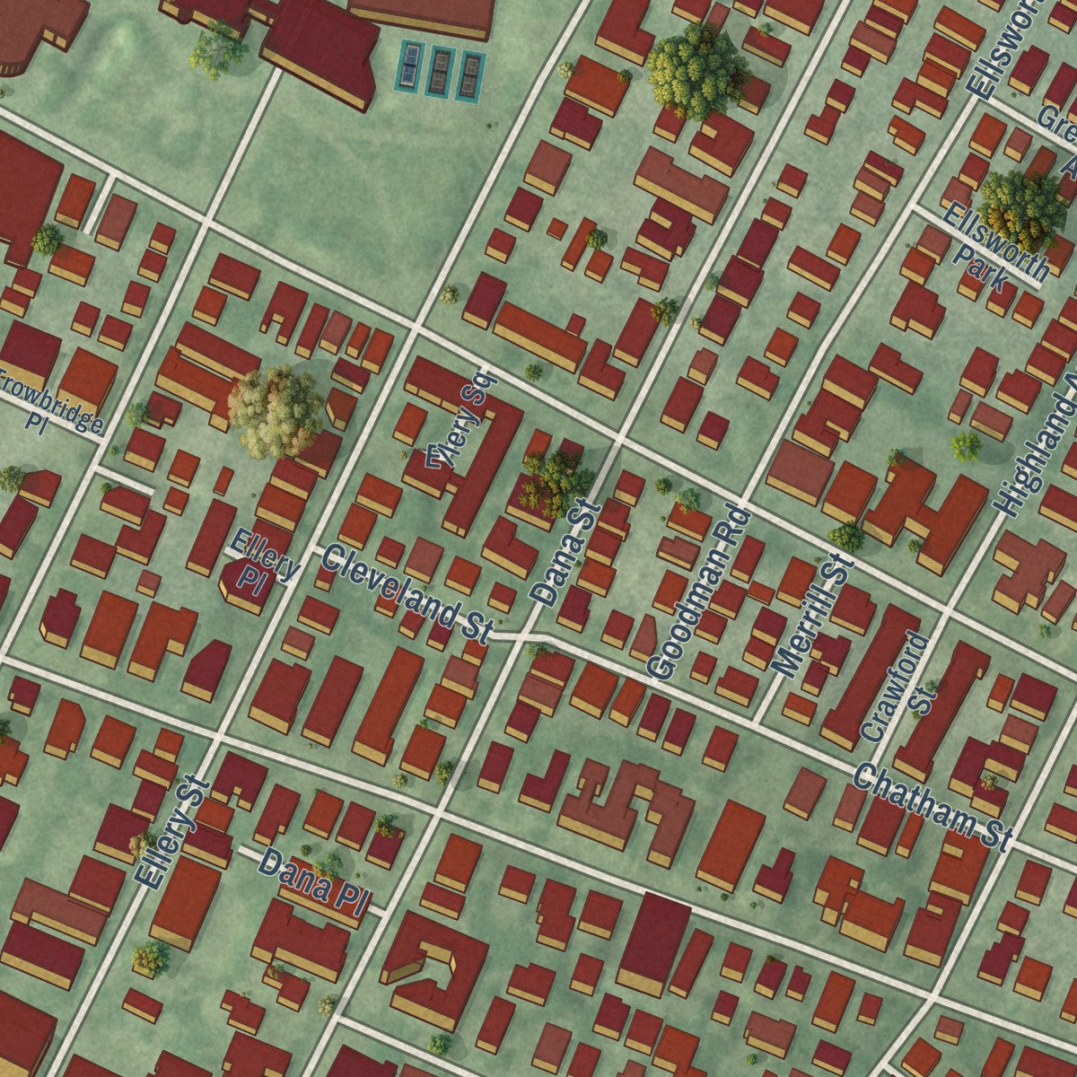 Close-up of the map of Mid-Cambridge, Massachusetts print showing street and building detail