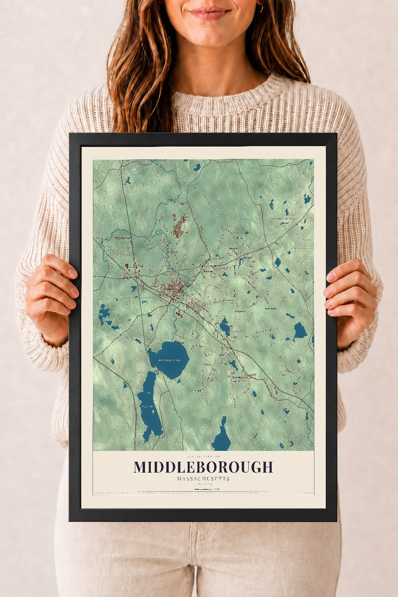 Middleborough, Massachusetts map print - 12 x 18 black Ayous wood frame