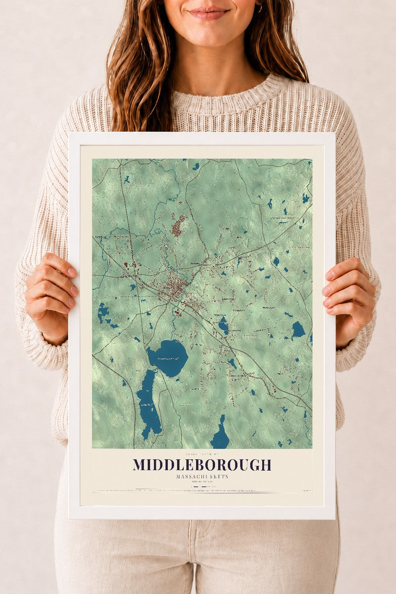 Middleborough, Massachusetts map print - 12 x 18 white Ayous wood frame