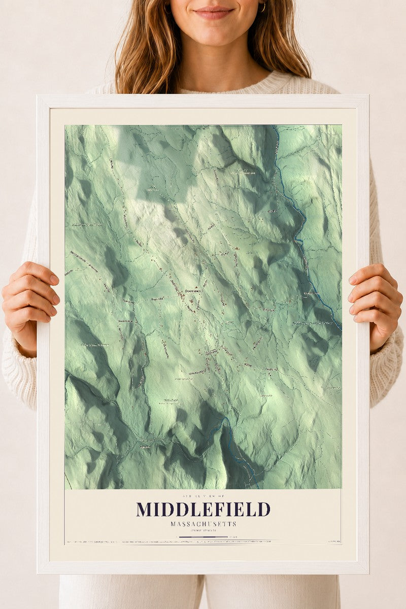 Middlefield, Massachusetts map print - 18 x 24 white Ayous wood frame