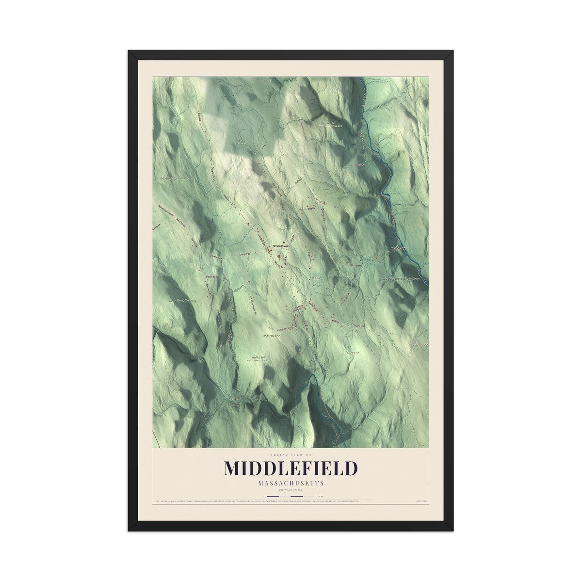 Map of Middlefield, Massachusetts, 12 x 18 inch print in a black wood frame