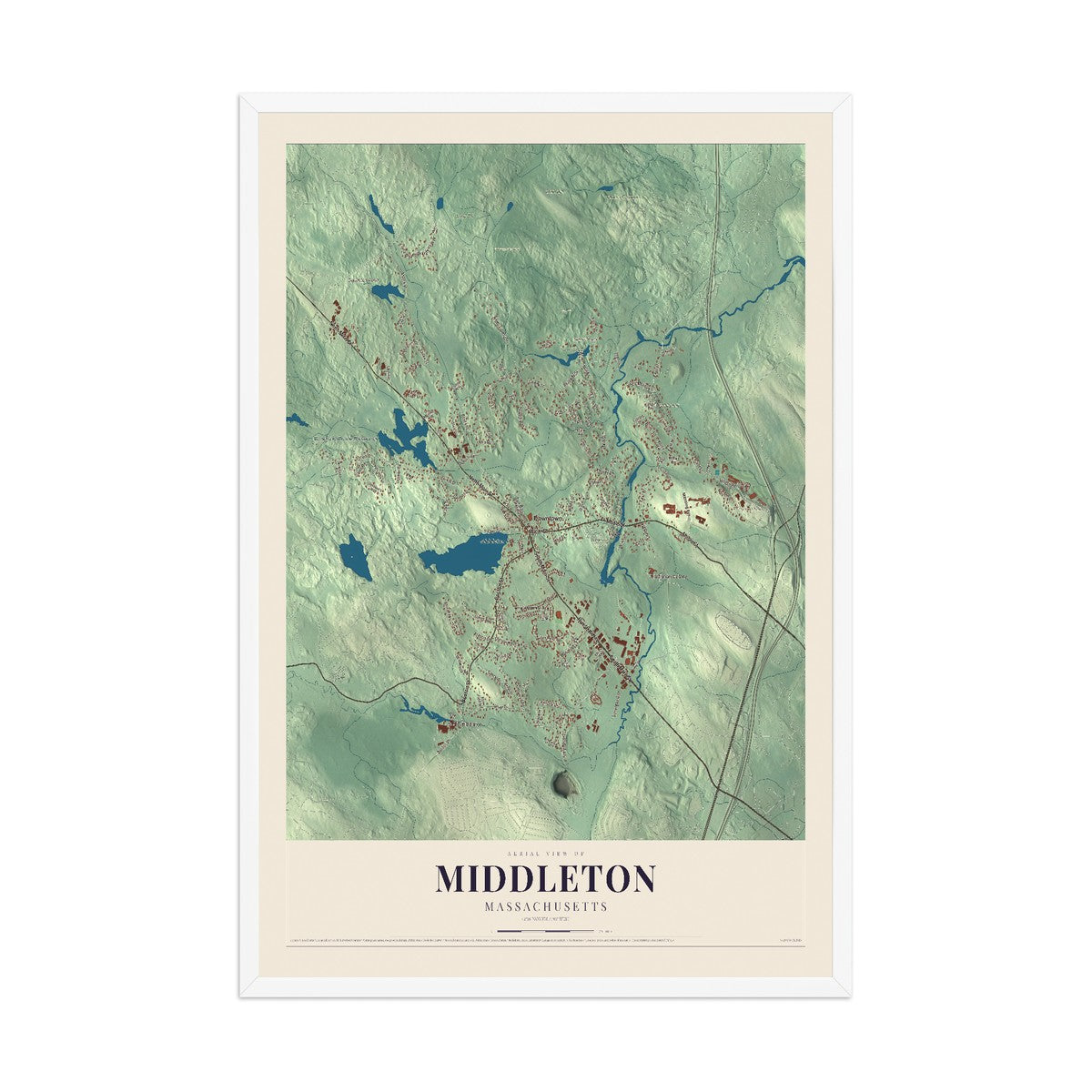 Map of Middleton, Massachusetts, 12 x 18 inch print in a white wood frame