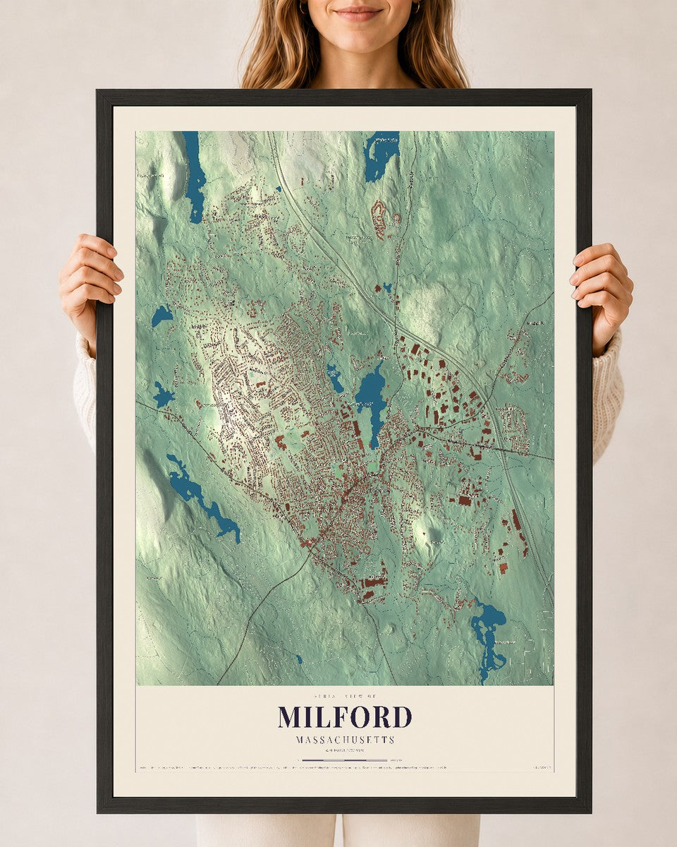 Milford, Massachusetts map print - 24 x 36 black Ayous wood frame