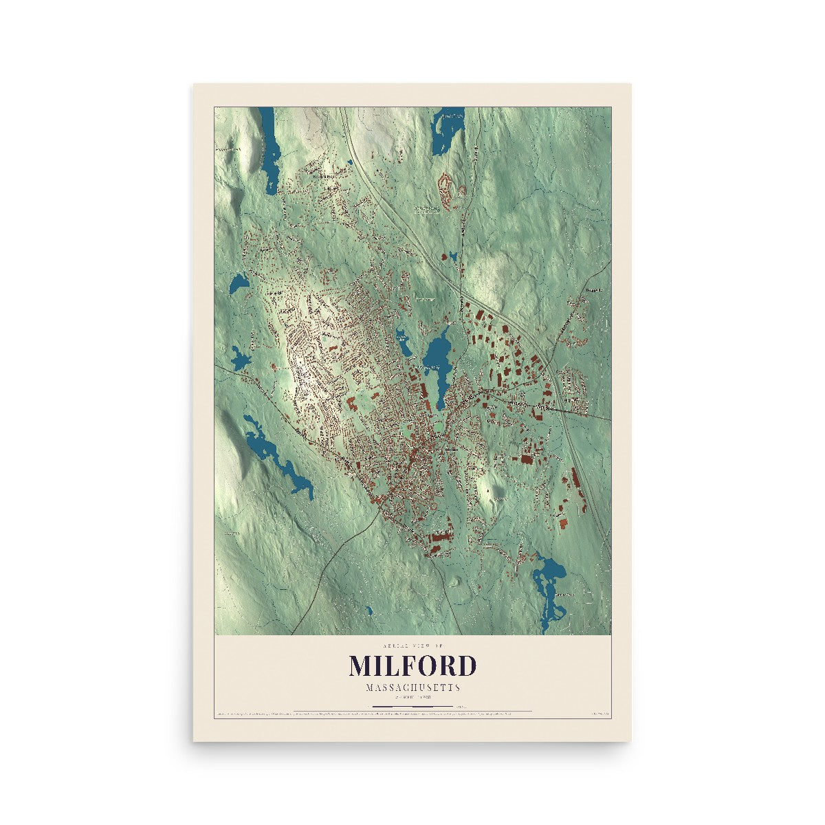 Map of Milford, Massachusetts, 12 x 18 inch unframed archival matte print