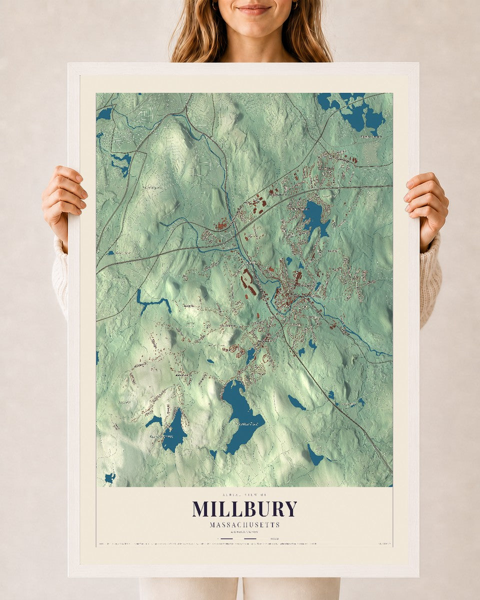 Millbury, Massachusetts map print - 24 x 36 white Ayous wood frame