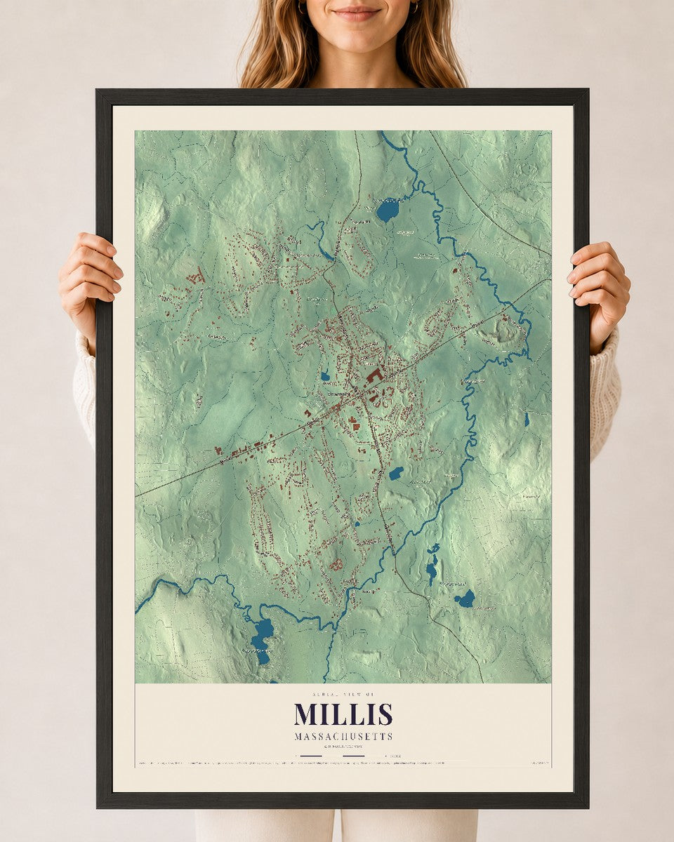 Millis, Massachusetts map print - 24 x 36 black Ayous wood frame