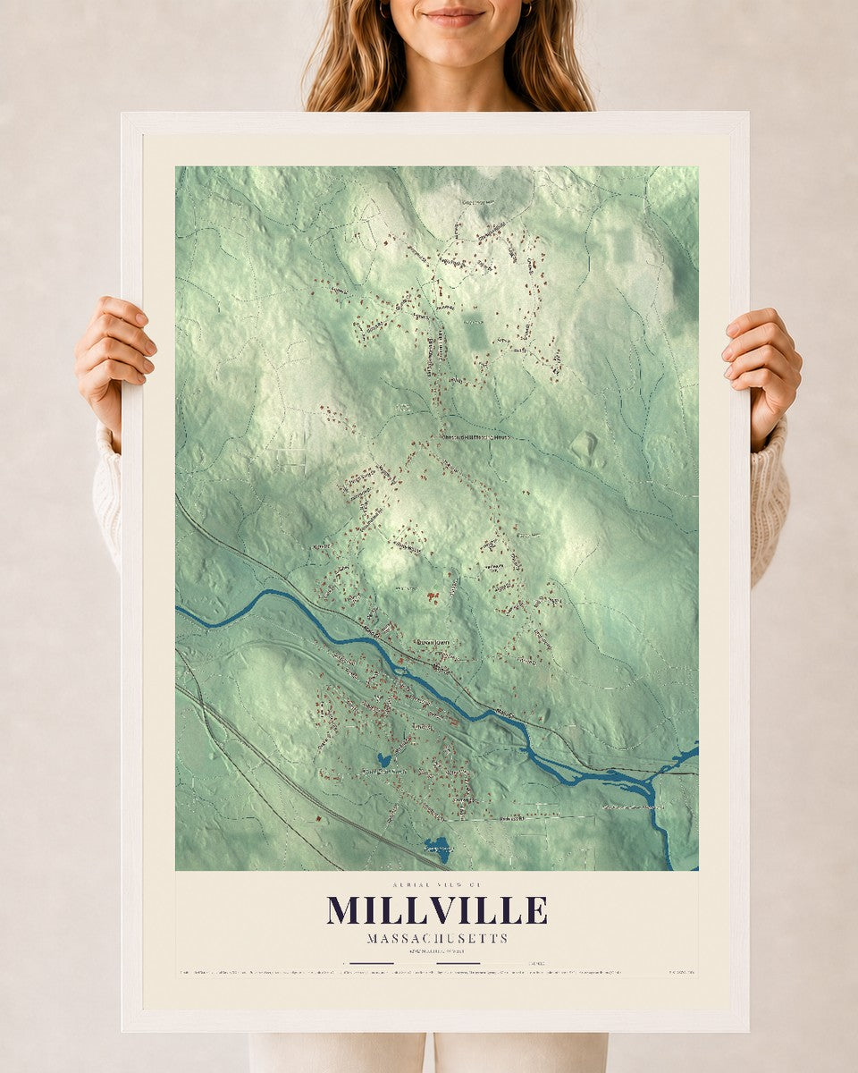 Millville, Massachusetts map print - 24 x 36 white Ayous wood frame