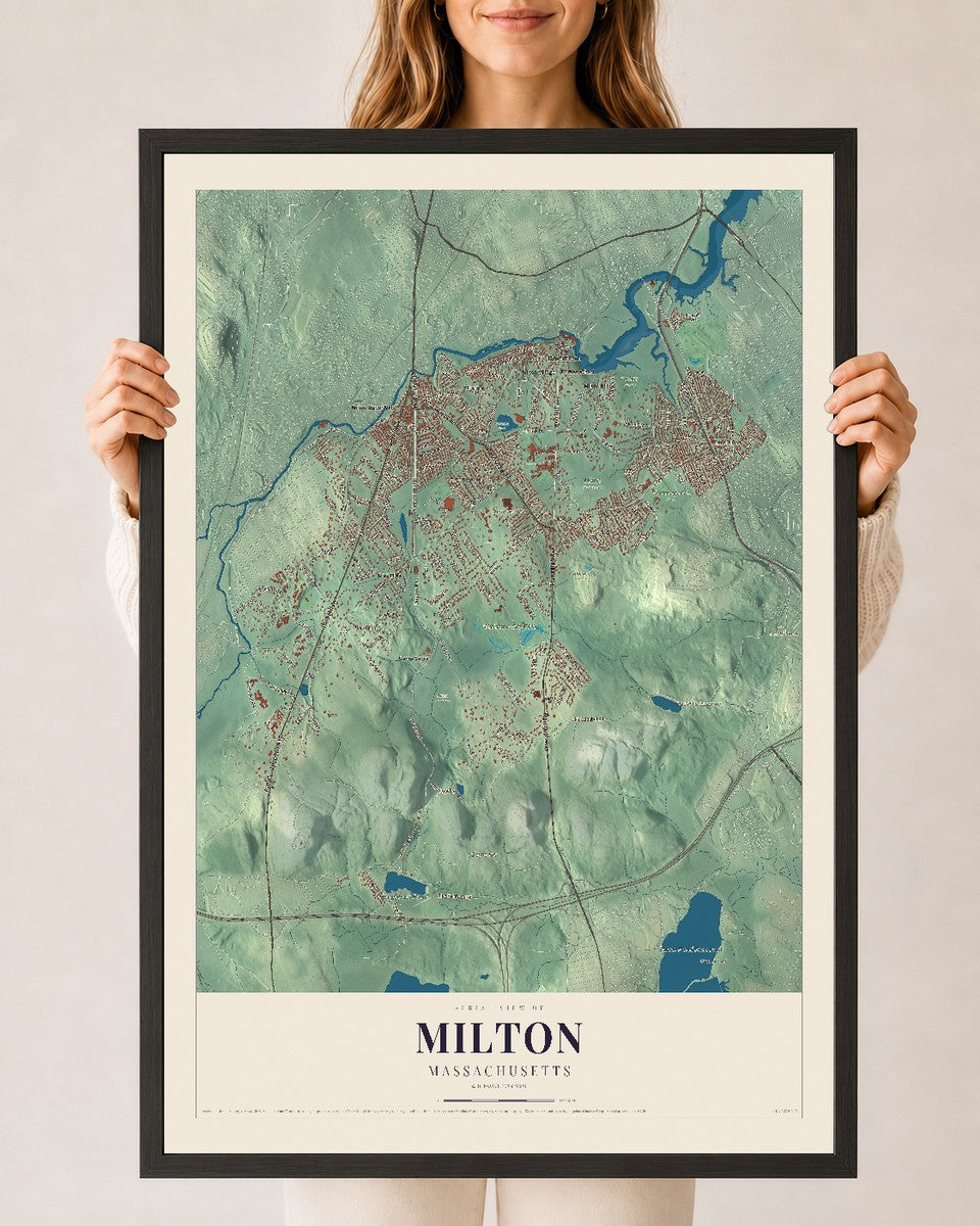 Milton, Massachusetts map print - 24 x 36 black Ayous wood frame