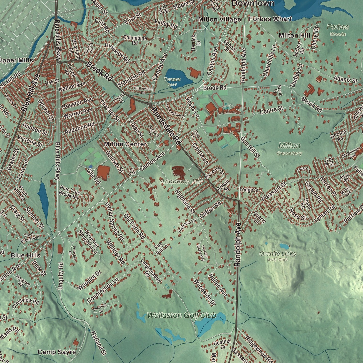 Terrain and local geography detail from the Milton, Massachusetts map