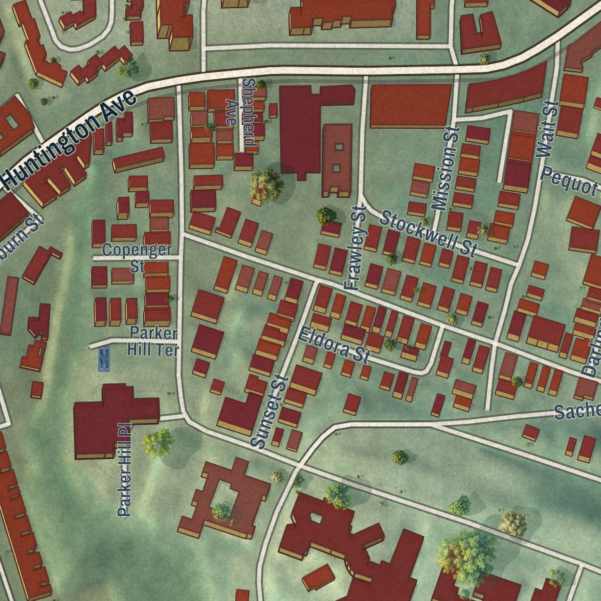 Close-up of the map of Mission Hill, Massachusetts print showing street and building detail