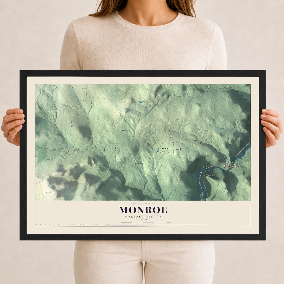 Monroe, Massachusetts map print - 12 x 18 black Ayous wood frame